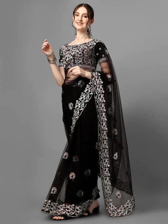 Black Color Multi Sequence Flower Net Saree
