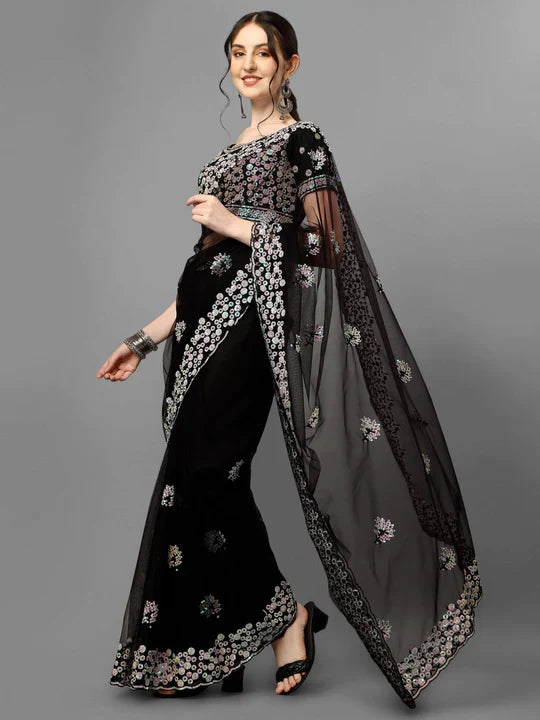 Black Color Multi Sequence Flower Net Saree