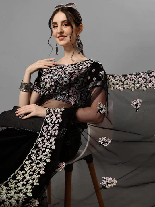Black Color Multi Sequence Flower Net Saree