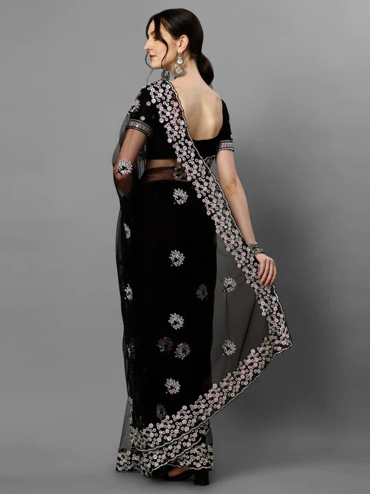 Black Color Multi Sequence Flower Net Saree