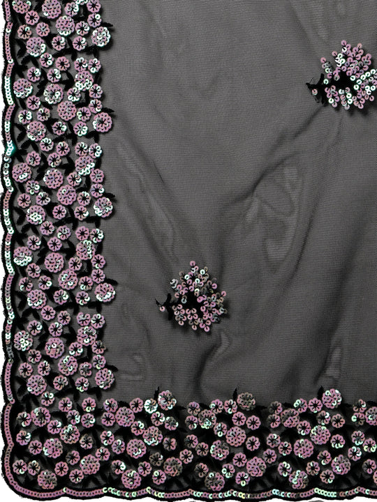 Black Color Multi Sequence Flower Net Saree