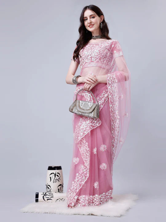 Pre-Stitched Enchanting Ready To Wear Net Saree With Sequin Work