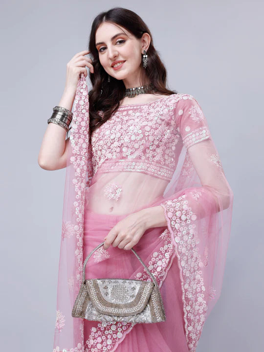 Pre-Stitched Enchanting Ready To Wear Net Saree With Sequin Work