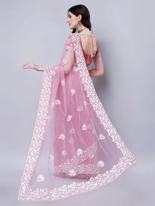 Pre-Stitched Enchanting Ready To Wear Net Saree With Sequin Work