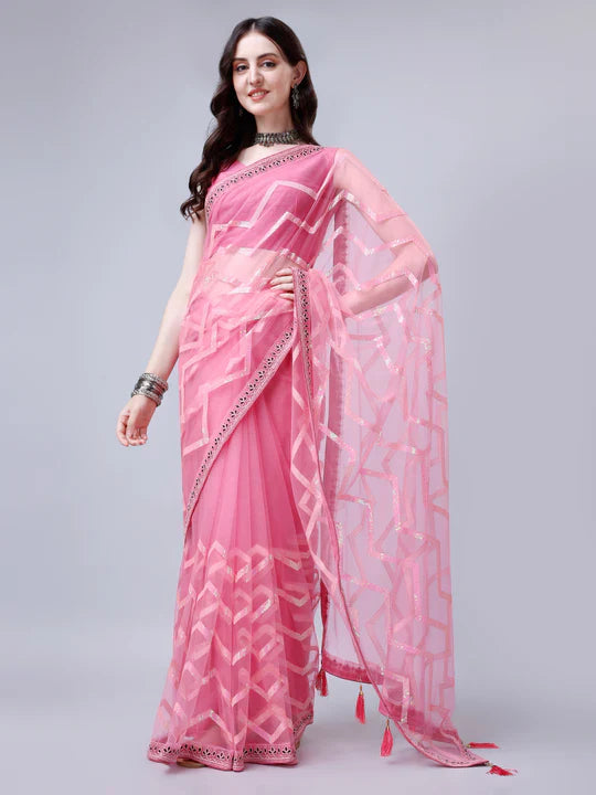 Pre-Stitched Enchanting Ready To Wear Net Saree With Sequin Work