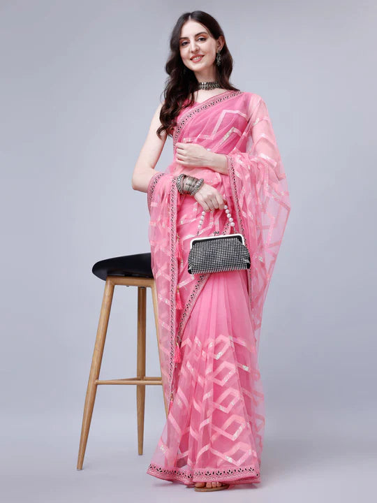 Pre-Stitched Enchanting Ready To Wear Net Saree With Sequin Work