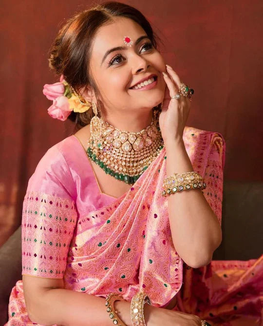 Flamingo Pink Zari Design Silk Saree With Matching Blouse