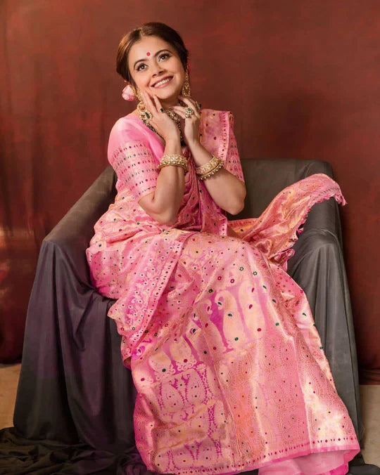 Flamingo Pink Zari Design Silk Saree With Matching Blouse