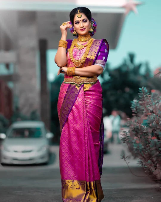 Proficient Dark Pink Kanjivaram Silk With Moiety Blouse Piece