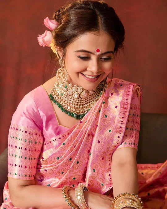 Flamingo Pink Zari Design Silk Saree With Matching Blouse