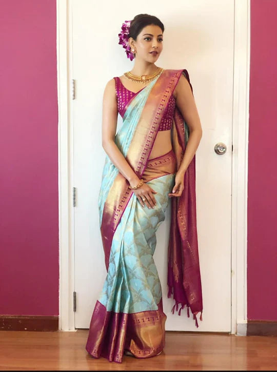 Tremendous Sky Soft Banarasi Silk Saree With Incomparable Blouse Piece