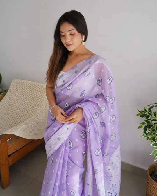 Magnetic Lavendor Cotton Silk Saree With Woebegone Blouse Piece