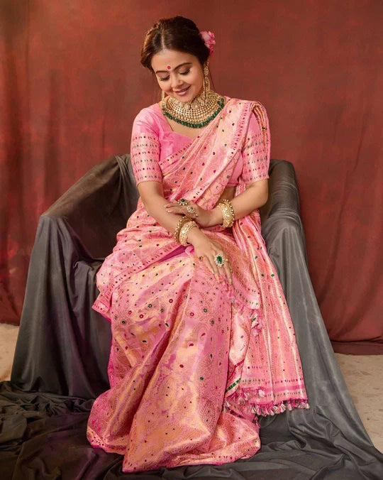 Flamingo Pink Zari Design Silk Saree With Matching Blouse