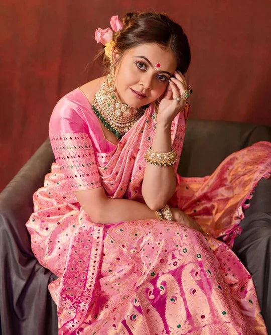 Flamingo Pink Zari Design Silk Saree With Matching Blouse