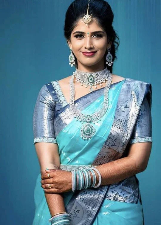 Tremendous Sky Soft Banarasi Silk Saree With Incomparable Blouse Piece
