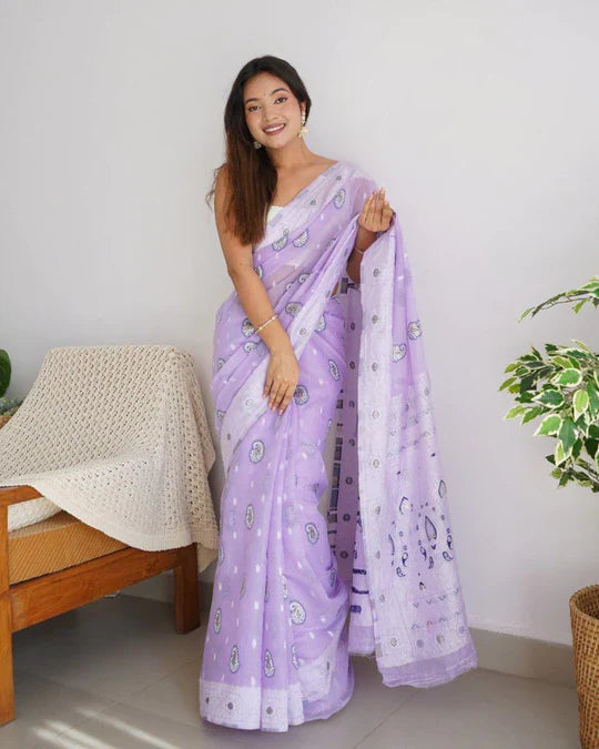 Magnetic Lavendor Cotton Silk Saree With Woebegone Blouse Piece