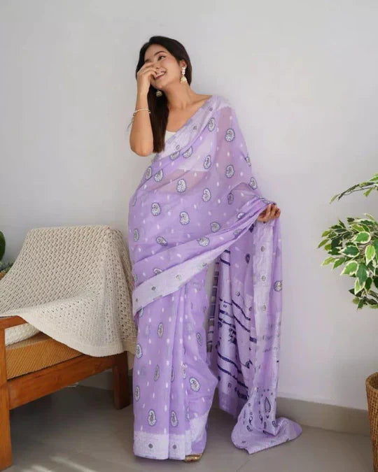 Magnetic Lavendor Cotton Silk Saree With Woebegone Blouse Piece