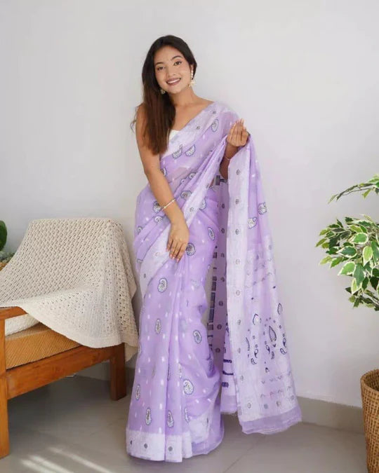 Magnetic Lavendor Cotton Silk Saree With Woebegone Blouse Piece