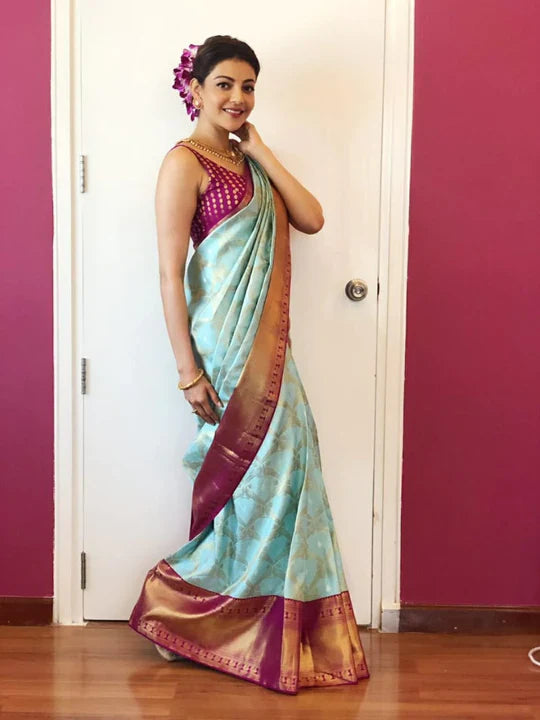 Tremendous Sky Soft Banarasi Silk Saree With Incomparable Blouse Piece