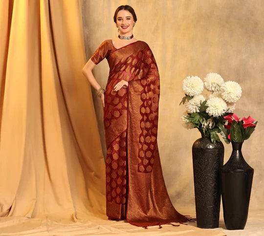 Refreshing Maroon Organza Silk Saree With Sensational Blouse Piece