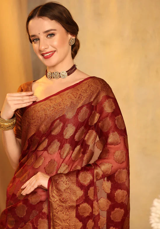 Refreshing Maroon Organza Silk Saree With Sensational Blouse Piece