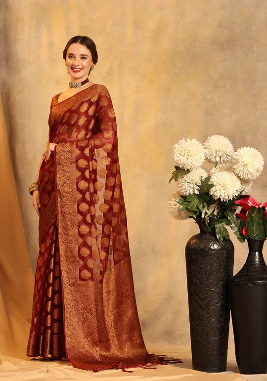 Refreshing Maroon Organza Silk Saree With Sensational Blouse Piece