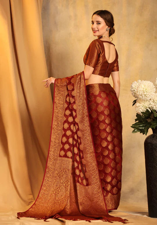 Refreshing Maroon Organza Silk Saree With Sensational Blouse Piece