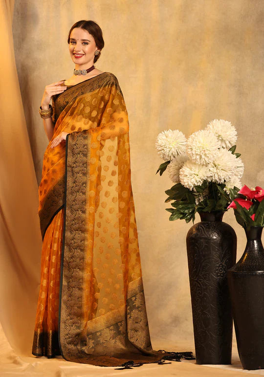 Dazzling Yellow Organza Silk Saree with Beautiful Blouse Piece