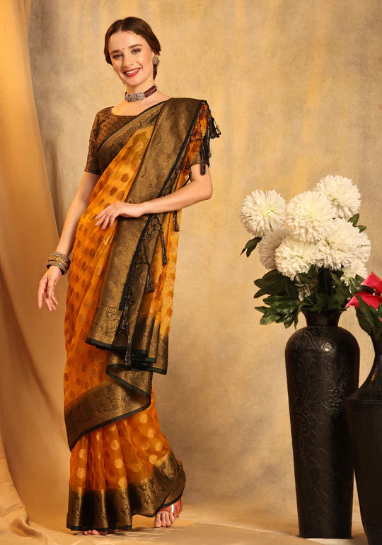Dazzling Yellow Organza Silk Saree with Beautiful Blouse Piece