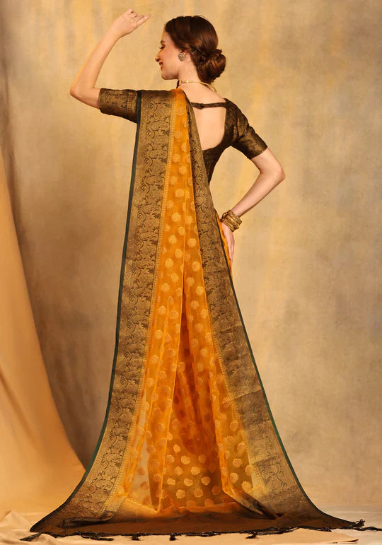 Dazzling Yellow Organza Silk Saree with Beautiful Blouse Piece
