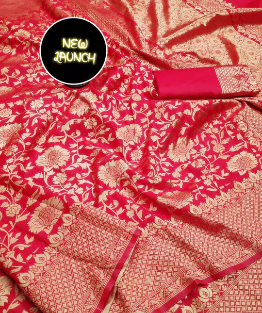 Designer Red Soft Banarasi Silk Saree With Impressive Blouse Piece